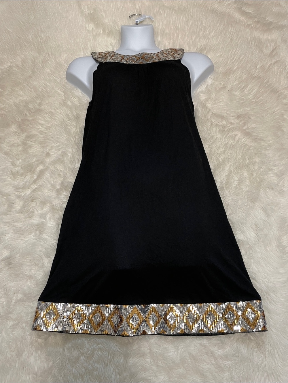 Cruise Wear & Co. Black Mini Dress with Gold & Silver Sequin Trim Large